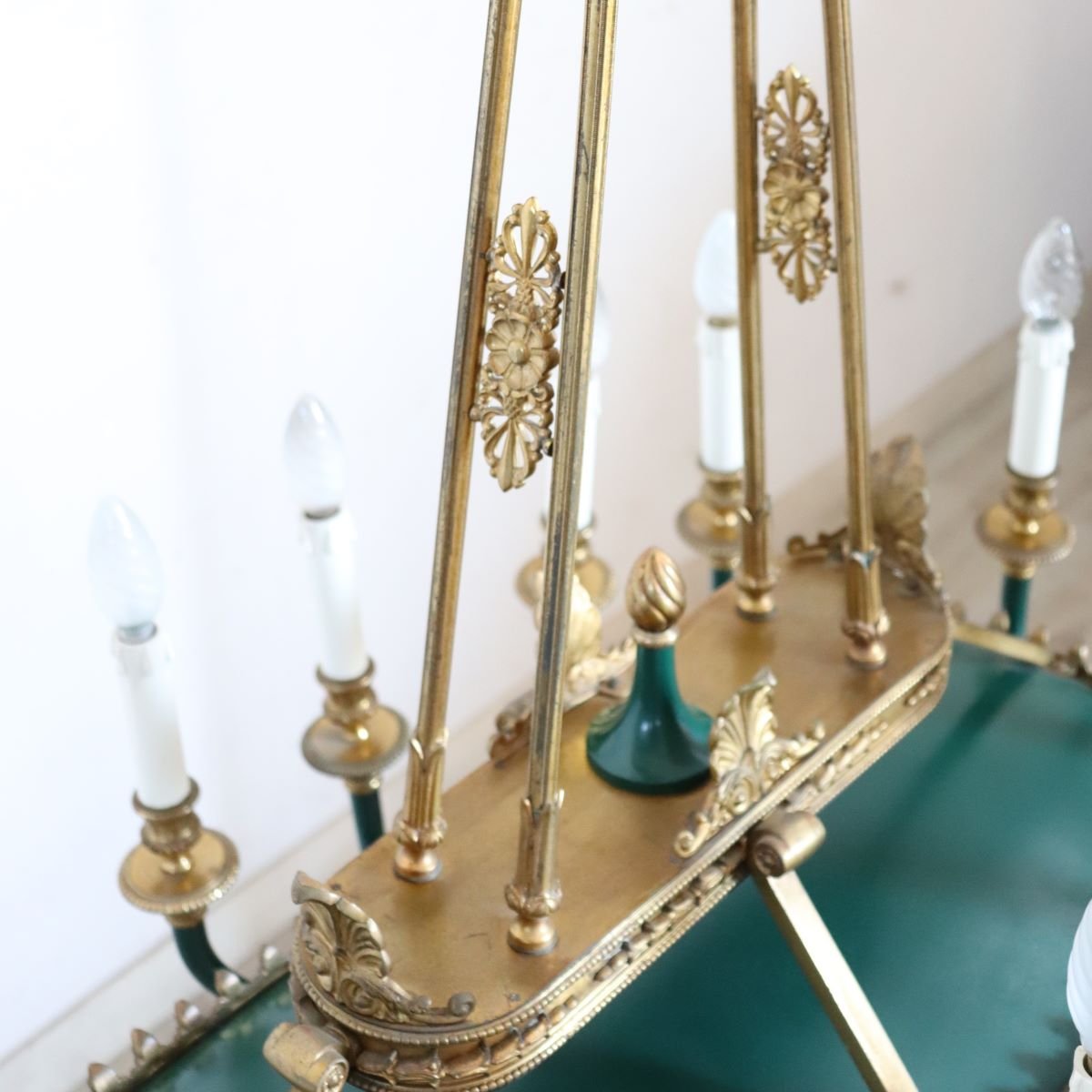 Lampadario in bronzo dorato e metallo laccato verde, 20 lampadine, inizio XX secolo-photo-4