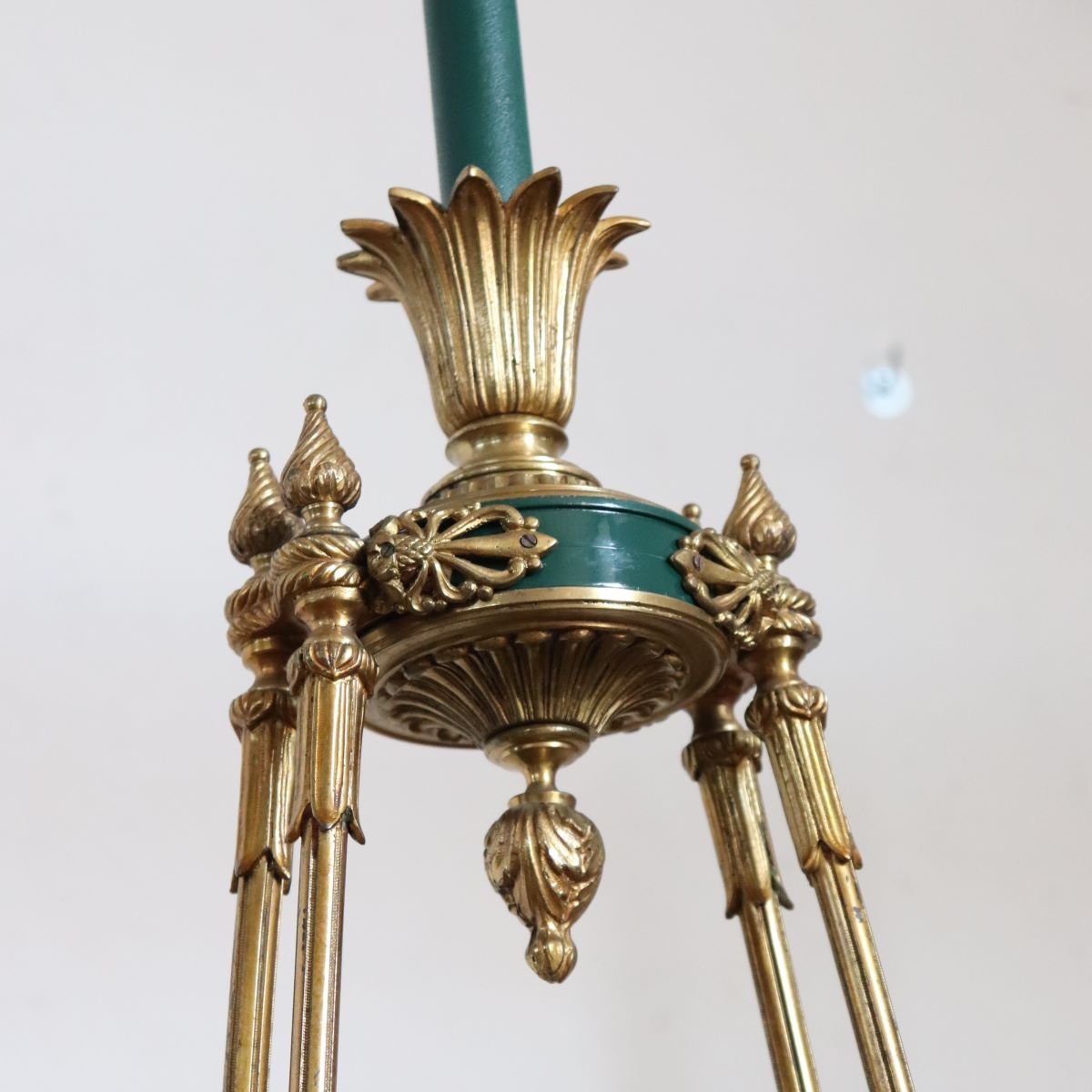 Lampadario in bronzo dorato e metallo laccato verde, 20 lampadine, inizio XX secolo-photo-5
