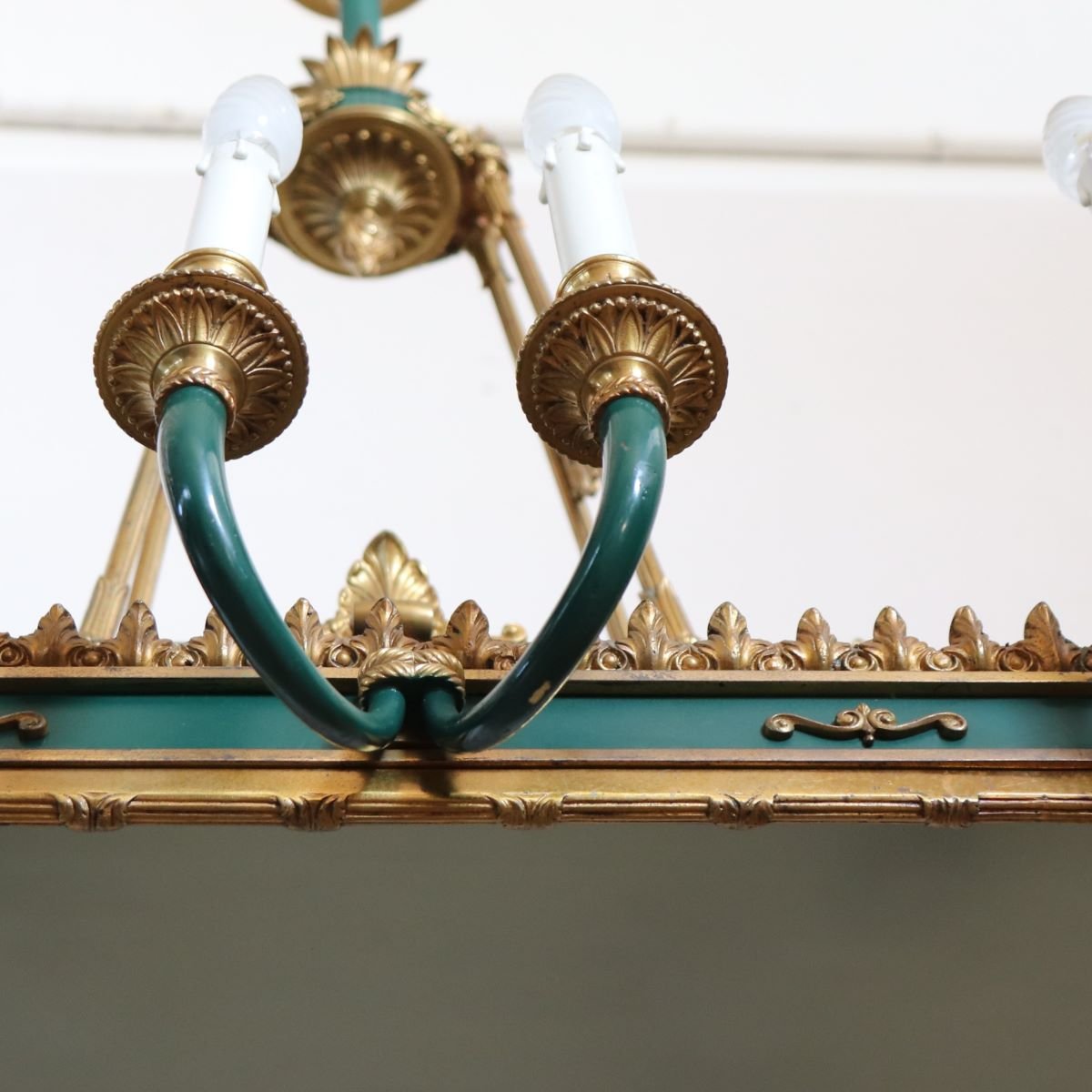 Lampadario in bronzo dorato e metallo laccato verde, 20 lampadine, inizio XX secolo-photo-6