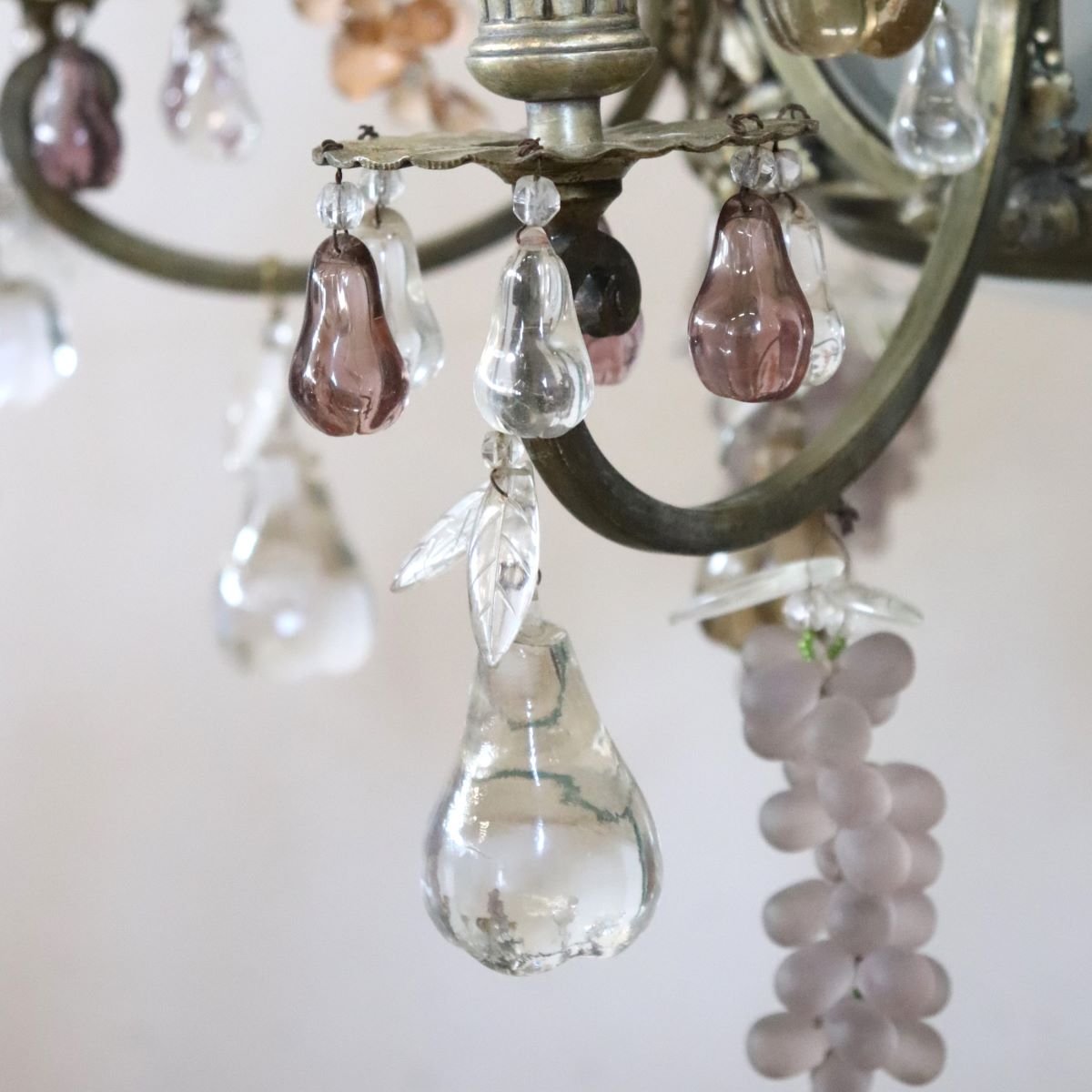 Lampadario in bronzo e pendenti a forma di frutta in vetro, 19 lampadine, Italia, inizio XX sec-photo-1