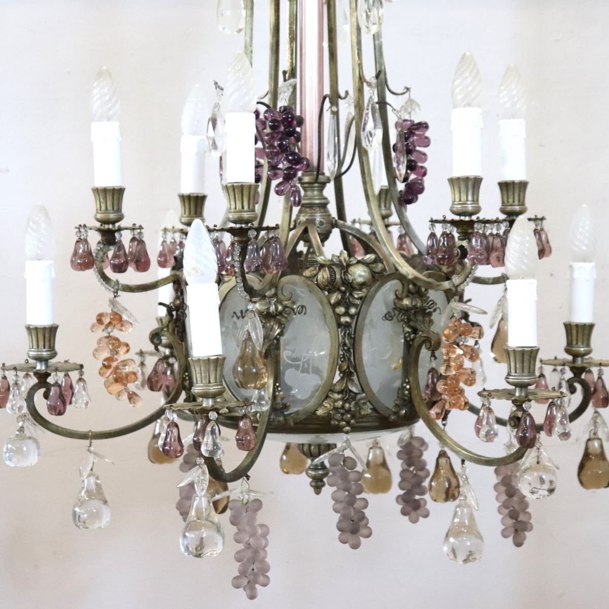 Lampadario in bronzo e pendenti a forma di frutta in vetro, 19 lampadine, Italia, inizio XX sec-photo-2