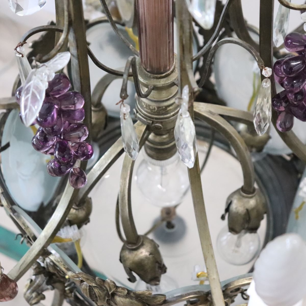 Lampadario in bronzo e pendenti a forma di frutta in vetro, 19 lampadine, Italia, inizio XX sec-photo-3