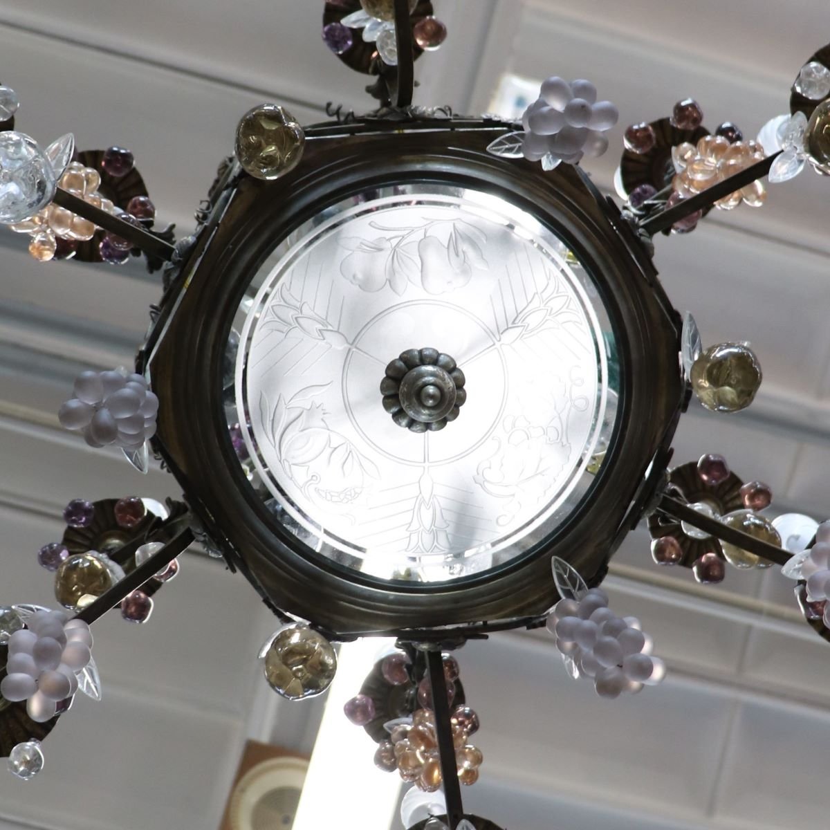 Lampadario in bronzo e pendenti a forma di frutta in vetro, 19 lampadine, Italia, inizio XX sec-photo-4