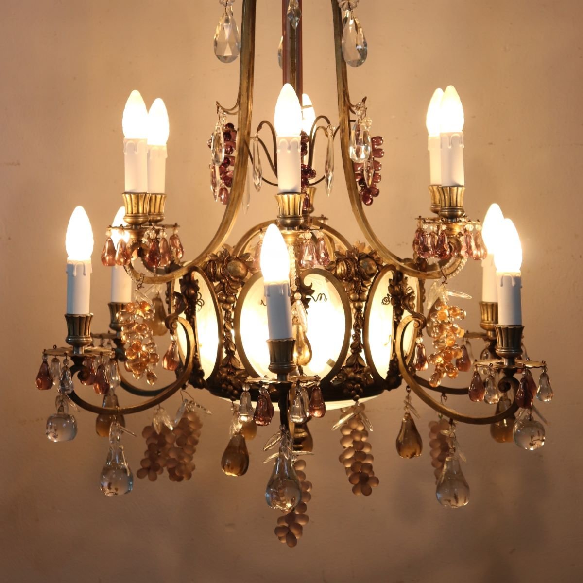 Lampadario in bronzo e pendenti a forma di frutta in vetro, 19 lampadine, Italia, inizio XX sec-photo-6