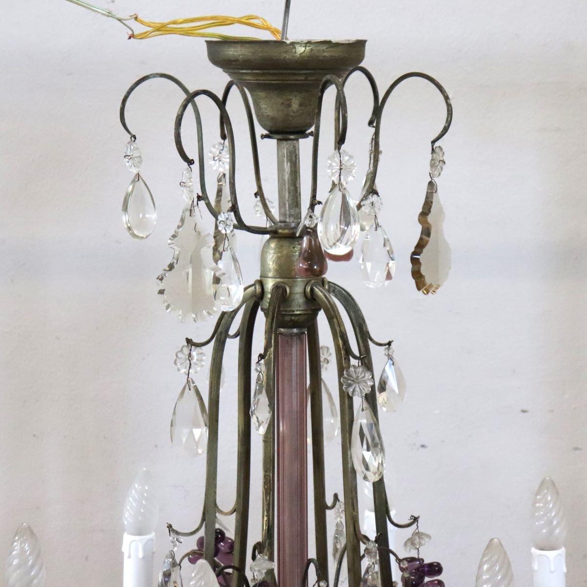 Lampadario in bronzo e pendenti a forma di frutta in vetro, 19 lampadine, Italia, inizio XX sec-photo-7