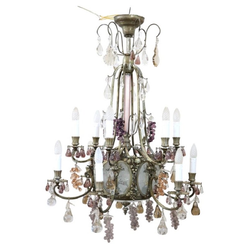Lampadario in bronzo e pendenti a forma di frutta in vetro, 19 lampadine, Italia, inizio XX sec