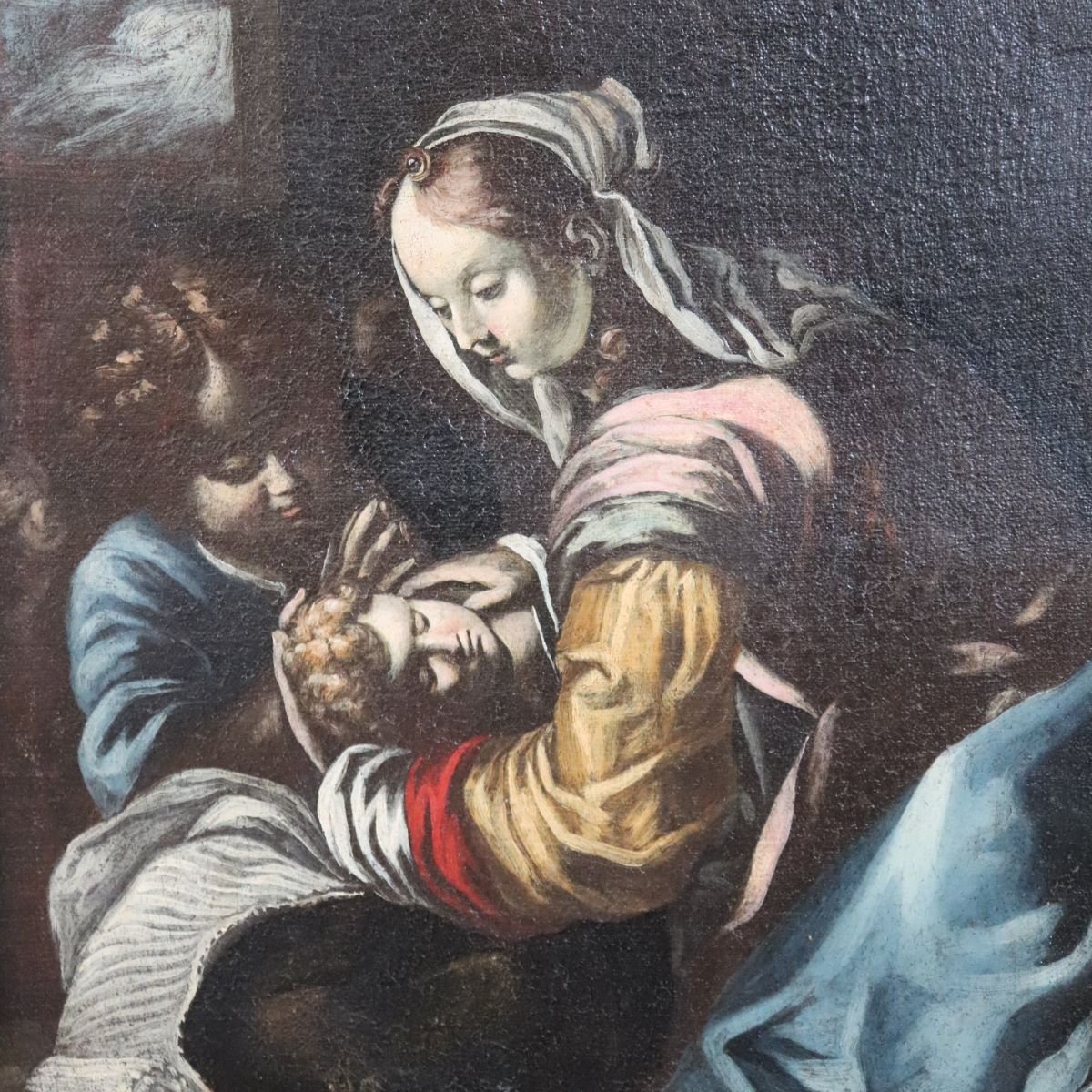 Dipinto ad olio su tela, Madonna con Bambino e angelo, Italia, XVII secolo-photo-1