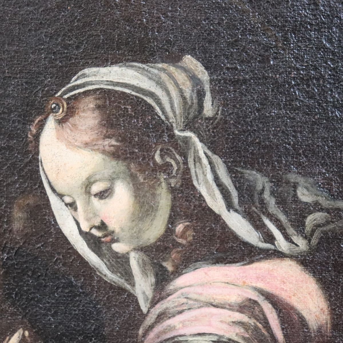 Dipinto ad olio su tela, Madonna con Bambino e angelo, Italia, XVII secolo-photo-5