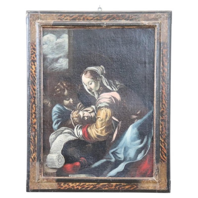 Dipinto ad olio su tela, Madonna con Bambino e angelo, Italia, XVII secolo