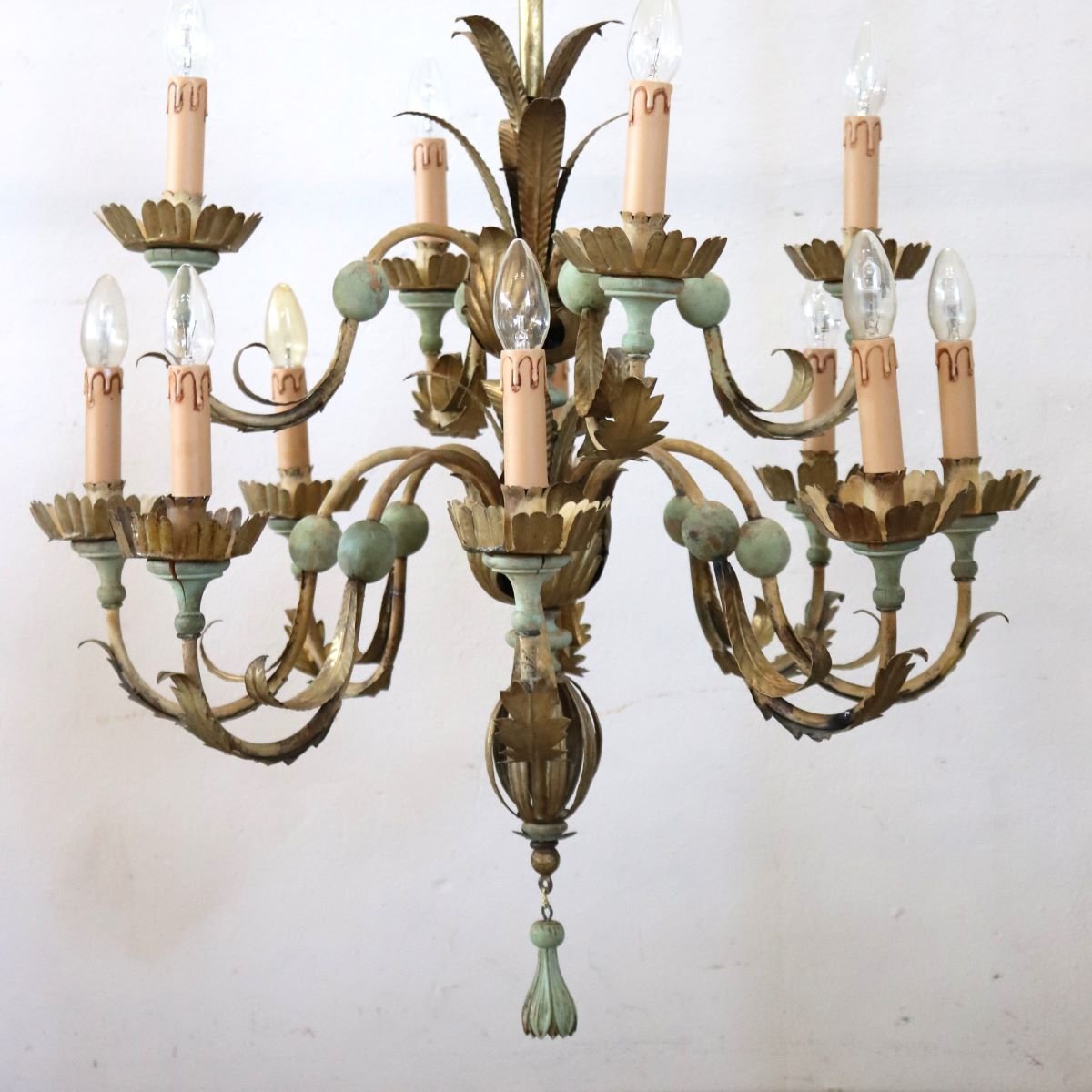 Lampadario in legno laccato e ferro, 12 lampadine, inizio XX secolo-photo-4