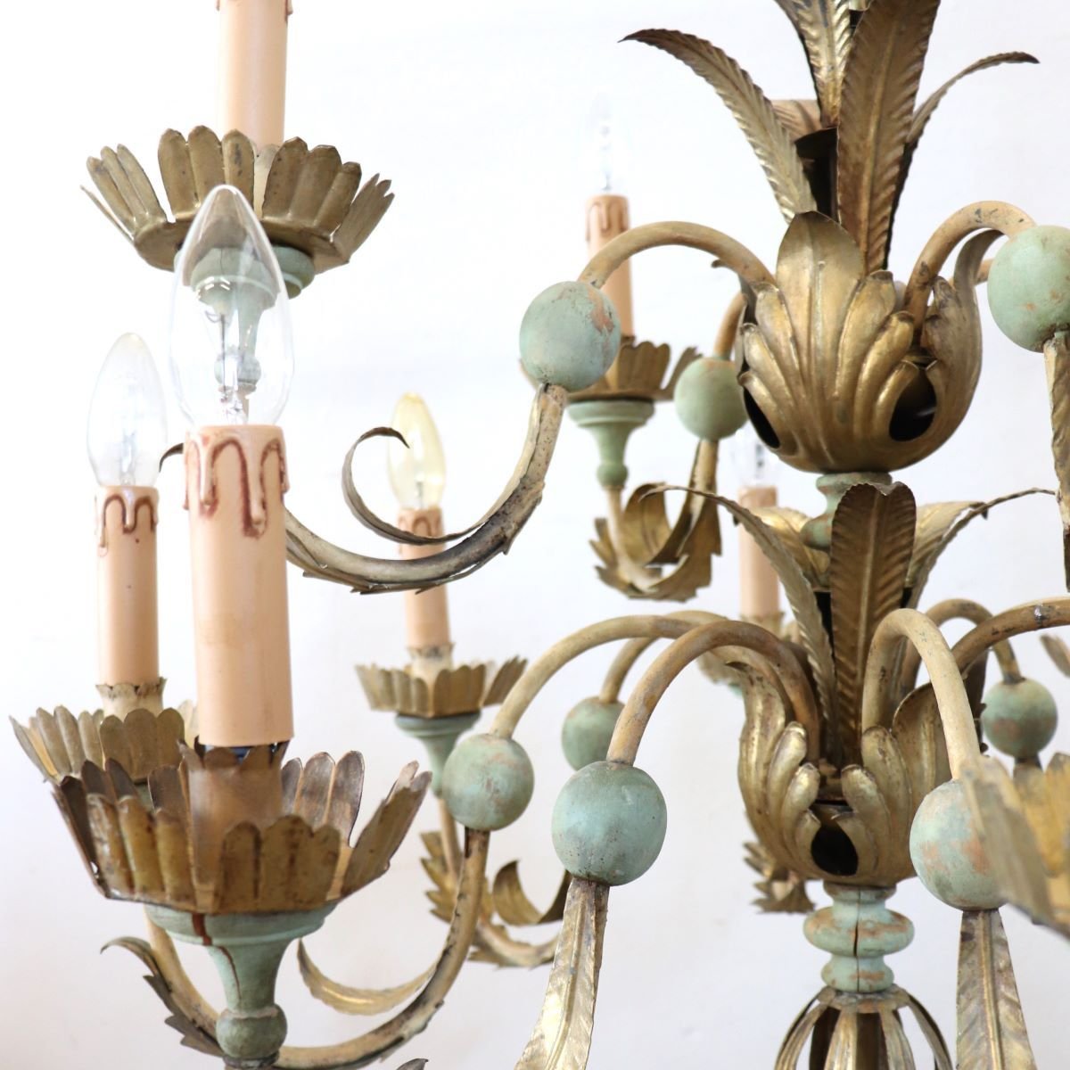 Lampadario in legno laccato e ferro, 12 lampadine, inizio XX secolo-photo-3