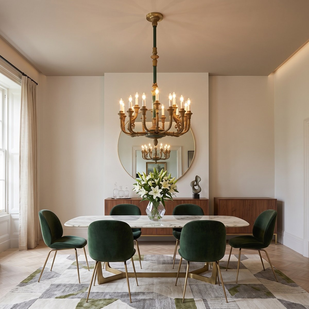 Lampadario in bronzo dorato e metallo laccato verde, 18 lampadine, Italia, inizio XX secolo.-photo-1