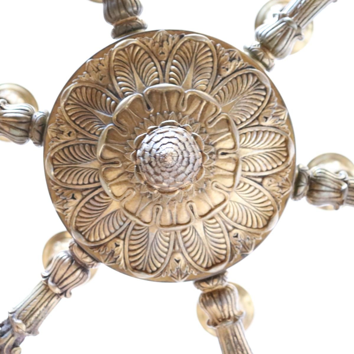 Lampadario in bronzo dorato e metallo laccato verde, 18 lampadine, Italia, inizio XX secolo.-photo-7