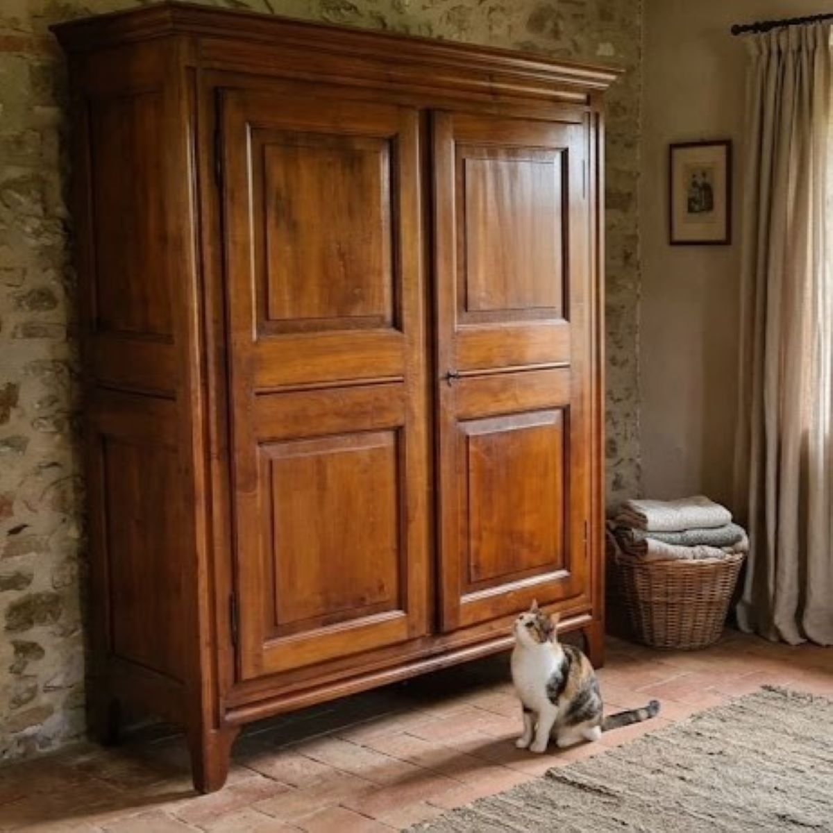 Armadio Antico in Legno Massello di Pioppo, Italia Inizio XIX Secolo-photo-2