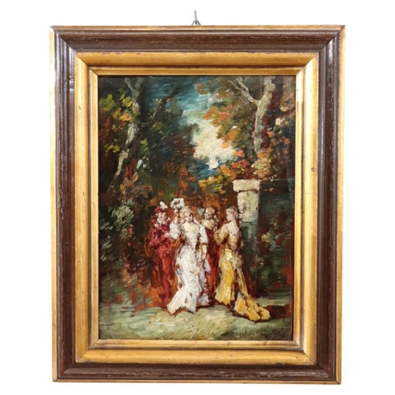 Dipinto a olio su tavola del XIX secolo, scena galante, firmato
