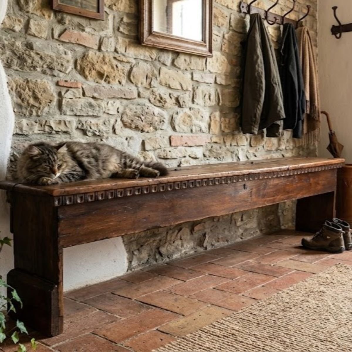 Panca lunga antica in noce con vano contenitore, Italia inizio XVIII secolo-photo-3