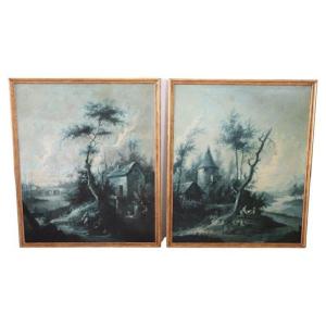 Grandi paesaggi monocromatici, XVIII secolo, dipinti ad olio su tela