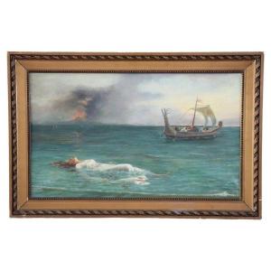 Paesaggio marino surrealista, fine XX secolo, olio su tela