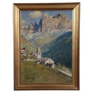 Cesare Bentivoglio, Paesaggio di montagna con chiesa, anni '30, olio su tela