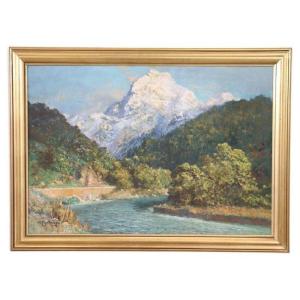 Cesare Bentivoglio, Paesaggio di montagna con fiume, anni '30, olio su tela