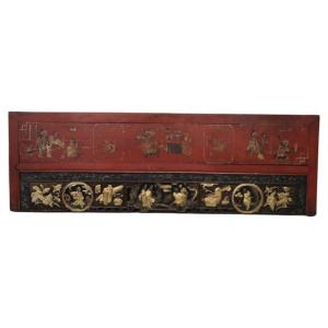 Pannello da parete antico in legno intagliato e laccato, Cina, metà XIX secolo