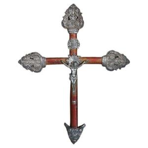 Croce antica in legno di Gesù Cristo in argento, fine XIX secolo