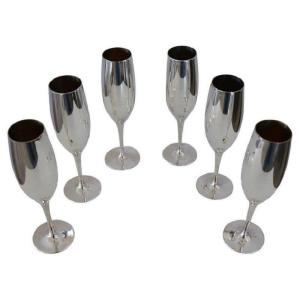 Bicchieri Flute vintage placcati in argento, anni '80, set di 6