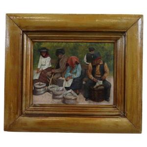Dipinto scena contadina, inizio XX secolo, olio su tavola