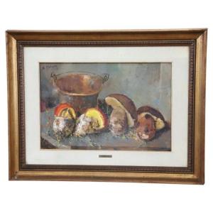 Amedeo Merello, Natura morta con funghi, anni '60, Olio su tavola