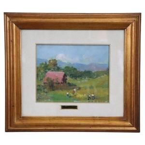 Amedeo Merello, Paesaggio di campagna con contadini, anni '60, Olio su tela