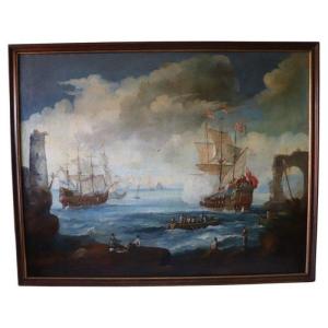 Scena costiera con galeoni, XVIII secolo, Olio su tela