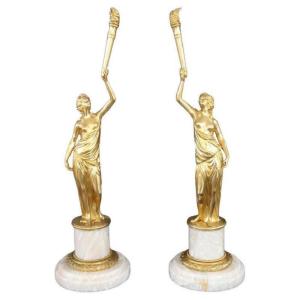 Figure scultoree, bronzo dorato su basi in alabastro, inizio XX secolo, set di 2