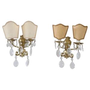 Applique in bronzo dorato e cristallo, anni '80, set di 2