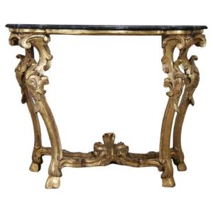 Tavolo consolle antico in legno dorato con piano in marmo, Italia, XVIII secolo