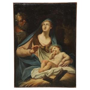 Sacra Famiglia, dipinto a olio su tela, scuola italiana del XVIII secolo