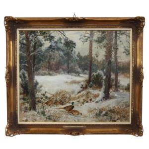 Fagiani nella neve, Olio su tavola, Firmato Wilhelm Buddenberg