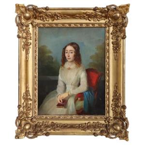 Ritratto di giovane donna con un libro, olio su tela, Italia, XIX secolo