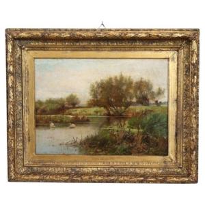 Paesaggio con cigni, dipinto ad olio su tela, scuola inglese, XIX secolo