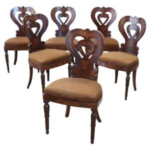 Set di 6 sedie antiche intarsiate in noce, Italia, XIX secolo