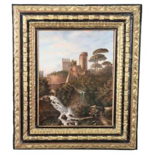 Paesaggio con castello, olio su tela firmato M.G., Italia, XVIII secolo