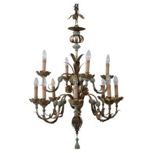 Lampadario in legno laccato e ferro, 12 lampadine, inizio XX secolo