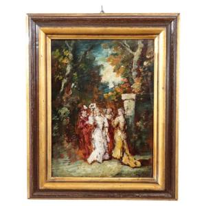 Dipinto a olio su tavola del XIX secolo, scena galante, firmato