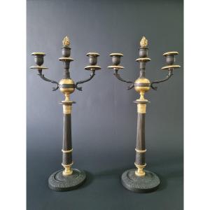 Pair Of Candelabra In Gilt And Patinated Bronze, Restauration Period.