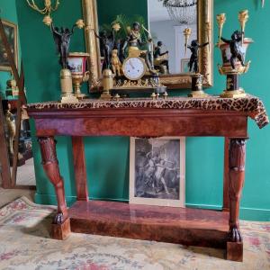 Rare Antique Console Table In Solid Mahogany, Empire-consulate Period.