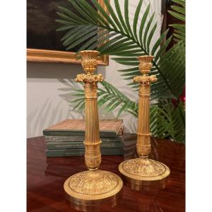 Pair Of Chiseled And Gilded Bronze Candlesticks, Restoration Period.