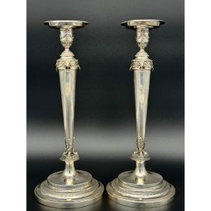 Pair Of Empire Candlesticks In Solid Silver, Domenico Masotti (rome, 1815-1858)