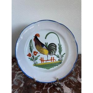 Old Rooster Plate In Waly Faience Epoque XIX Eme Century Perfect Condition