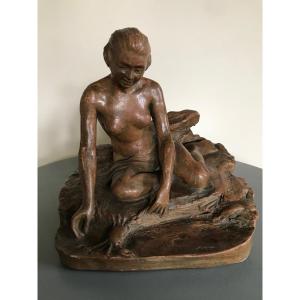 Old Terracotta Statue Signed By Raoul Dussol Art Deco Period 1930: The Crab Woman