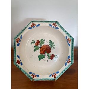 Old Fine Earthenware Octagonal Plate From Aumale Nineteenth Flower Decor