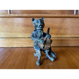 The Musician Cat: Small Animated Lead Cat From Nuremberg, Late XIX Eme Dlg Vienna Bronze